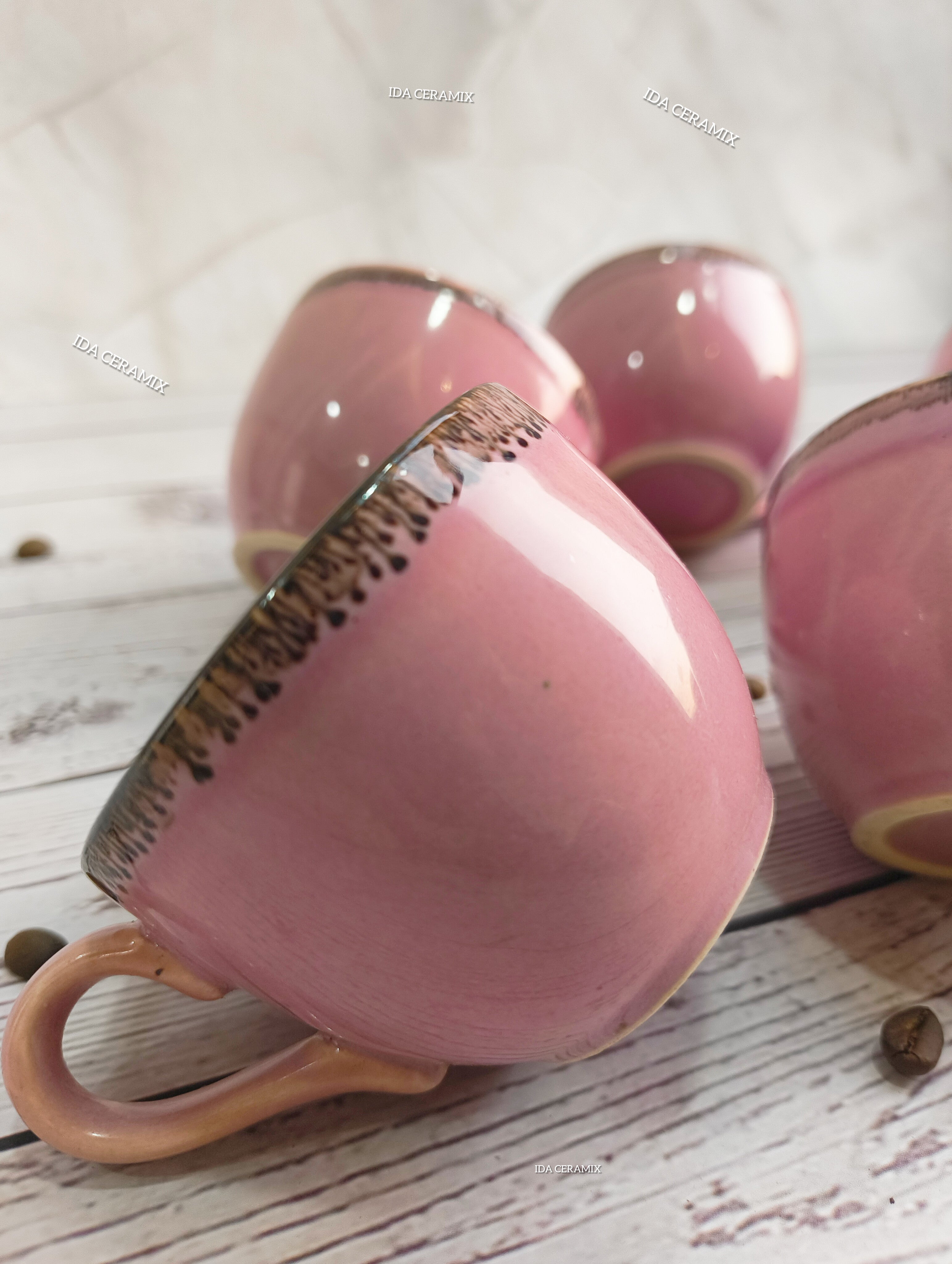 Blush Pink Ceramic Cups with Rustic Rim – Set of 6