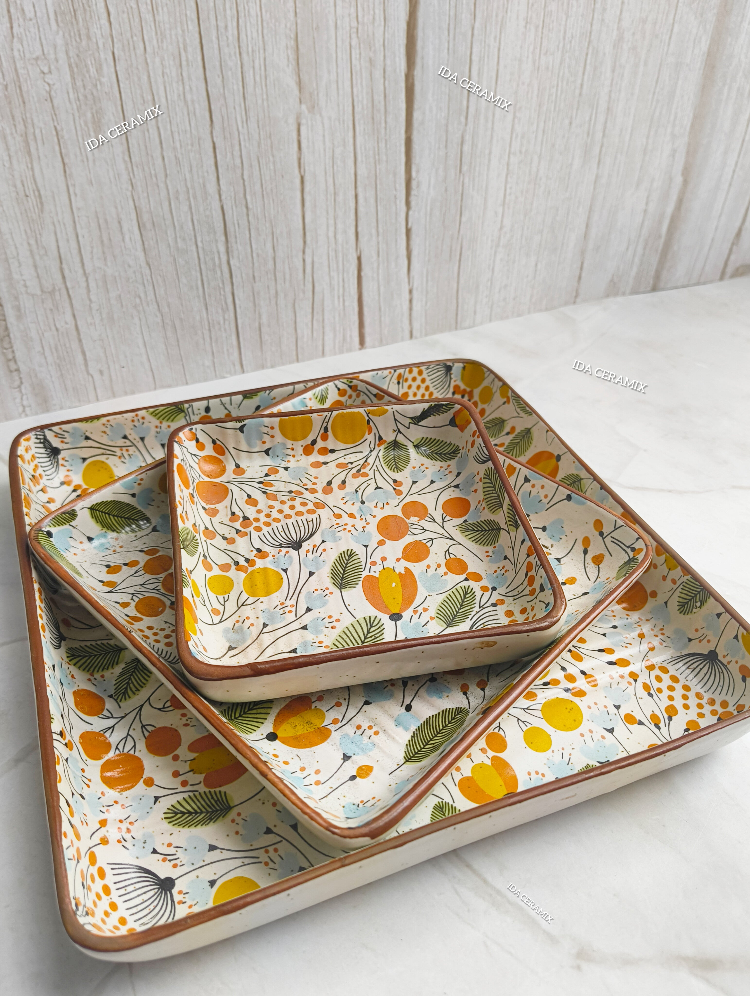 Floral Orange & Yellow Handcrafted Ceramic Square Platters (Set of 3)