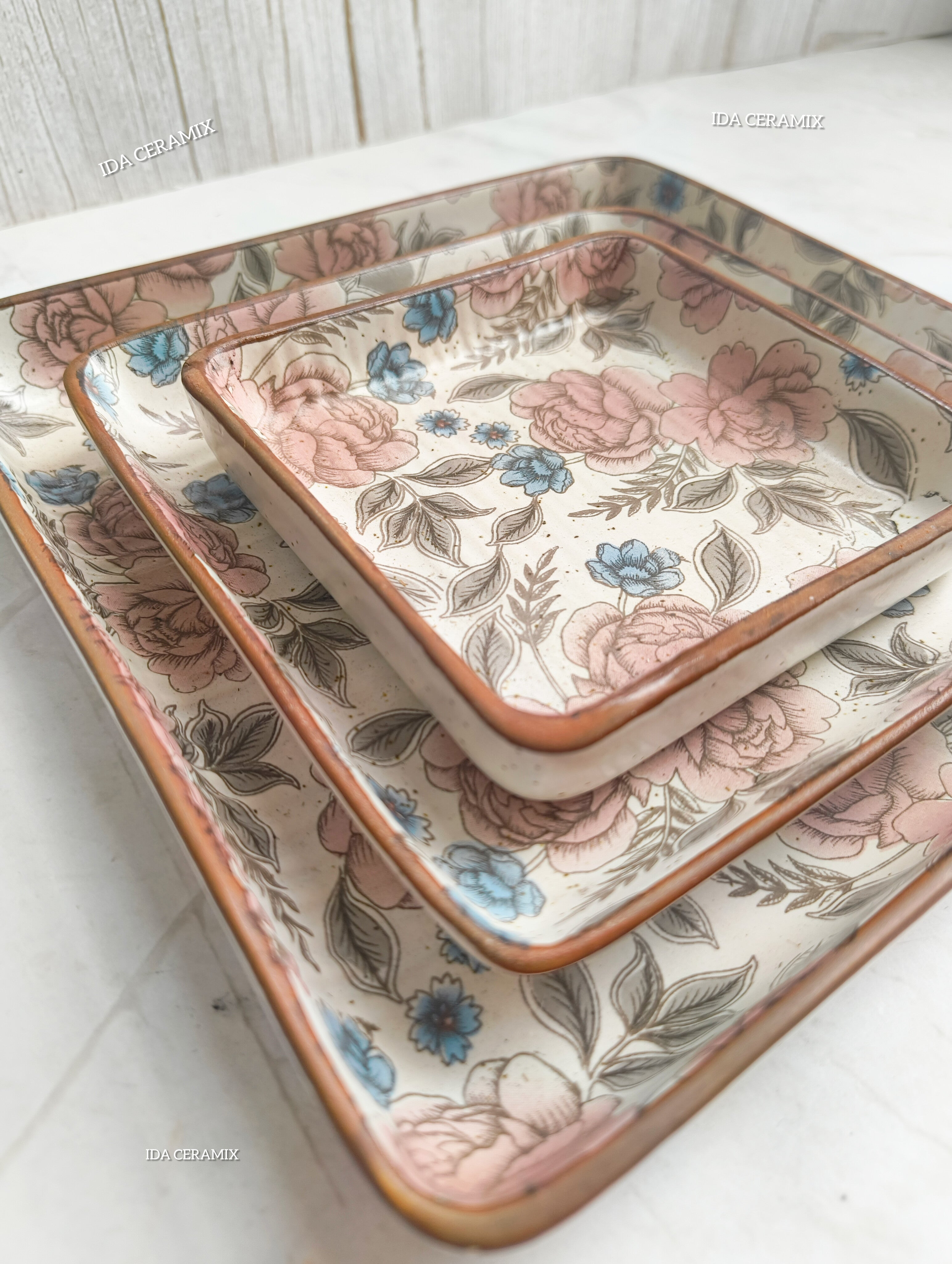 Vintage Pink & Blue Rose Ceramic Square Platters (Set of 3)