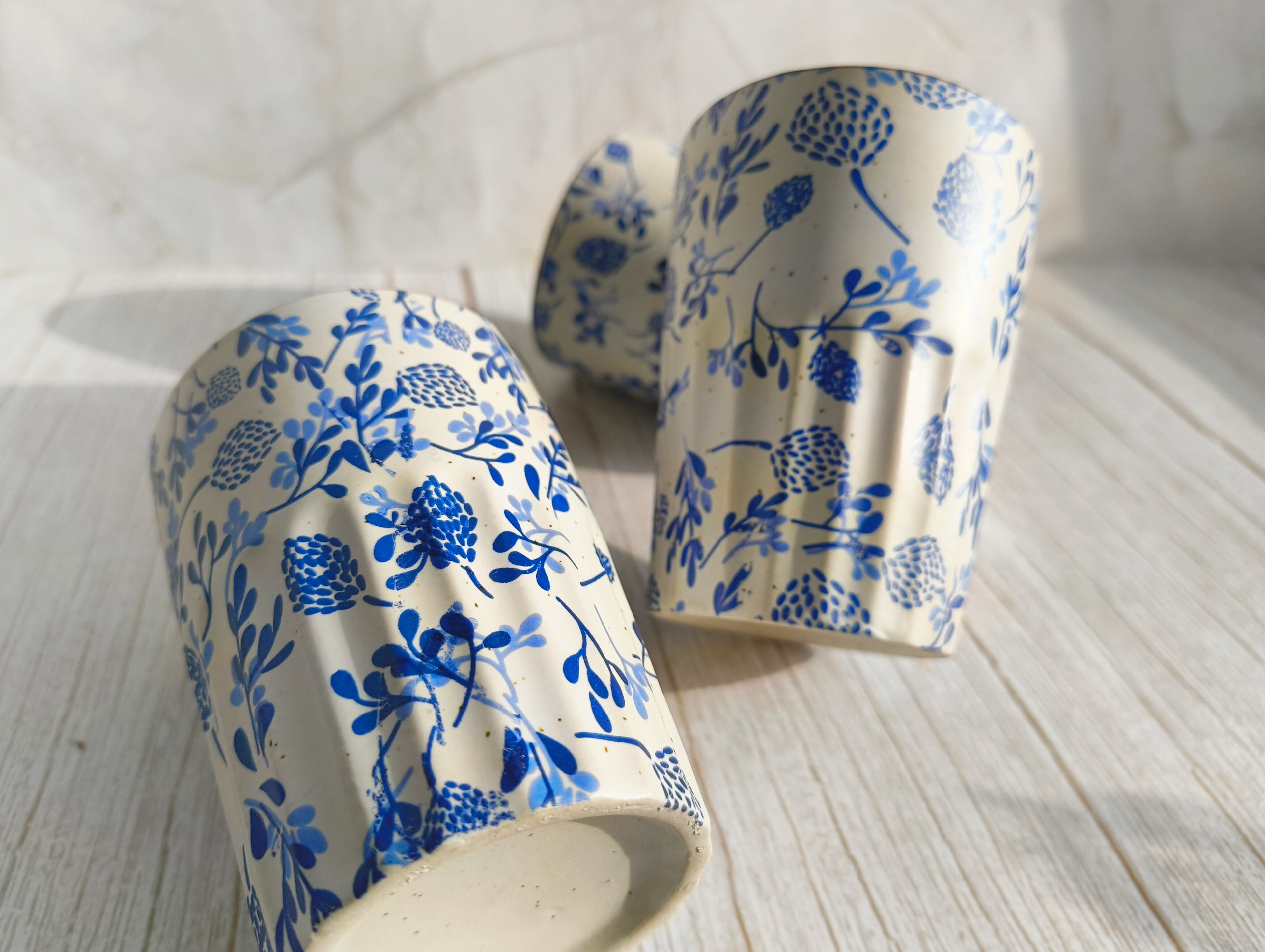 Handcrafted Blue Floral Ceramic Glasses- Set of 2