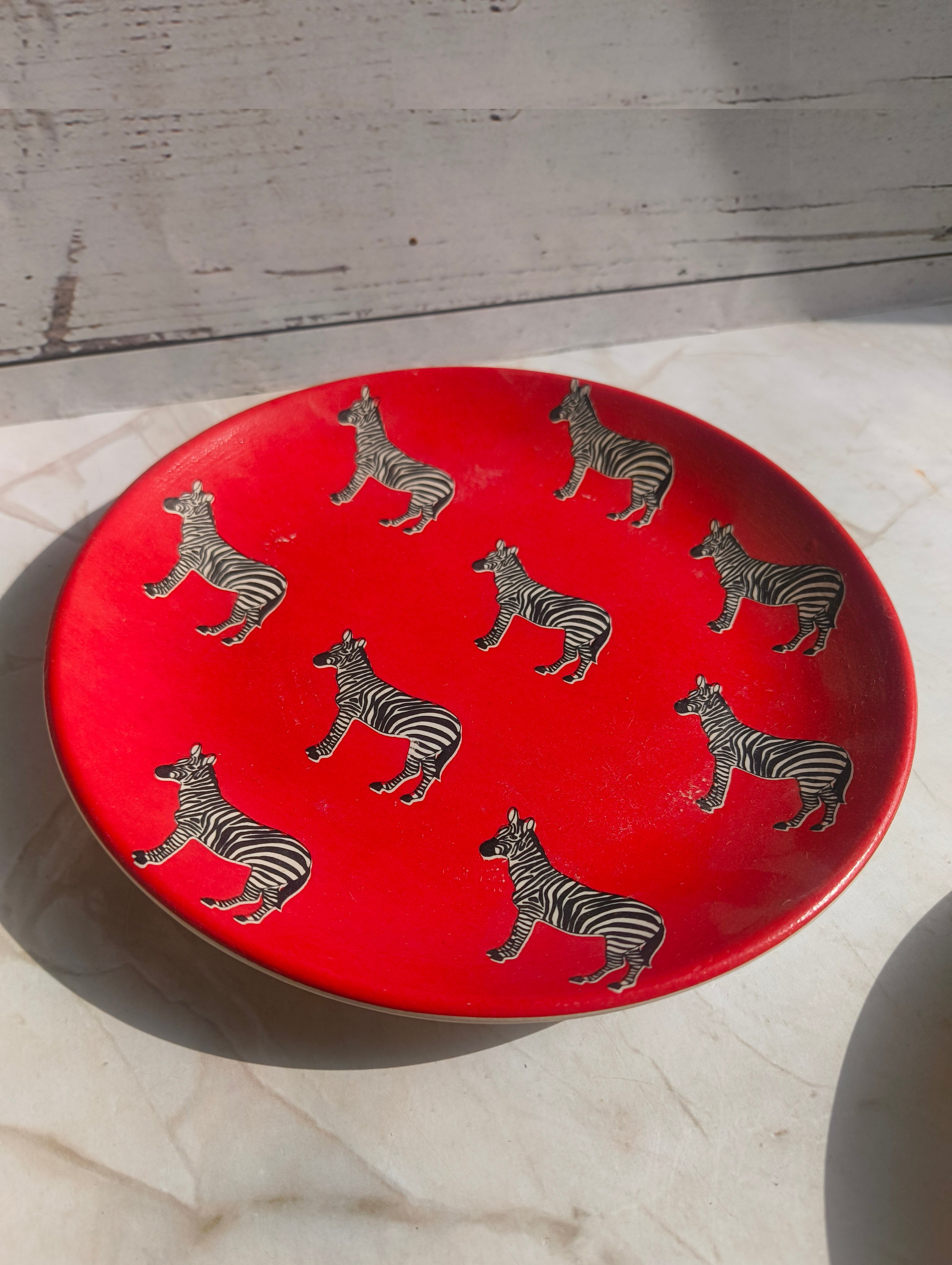 Red Ceramic Quarter Plate with Zebra Motif- Set of 6