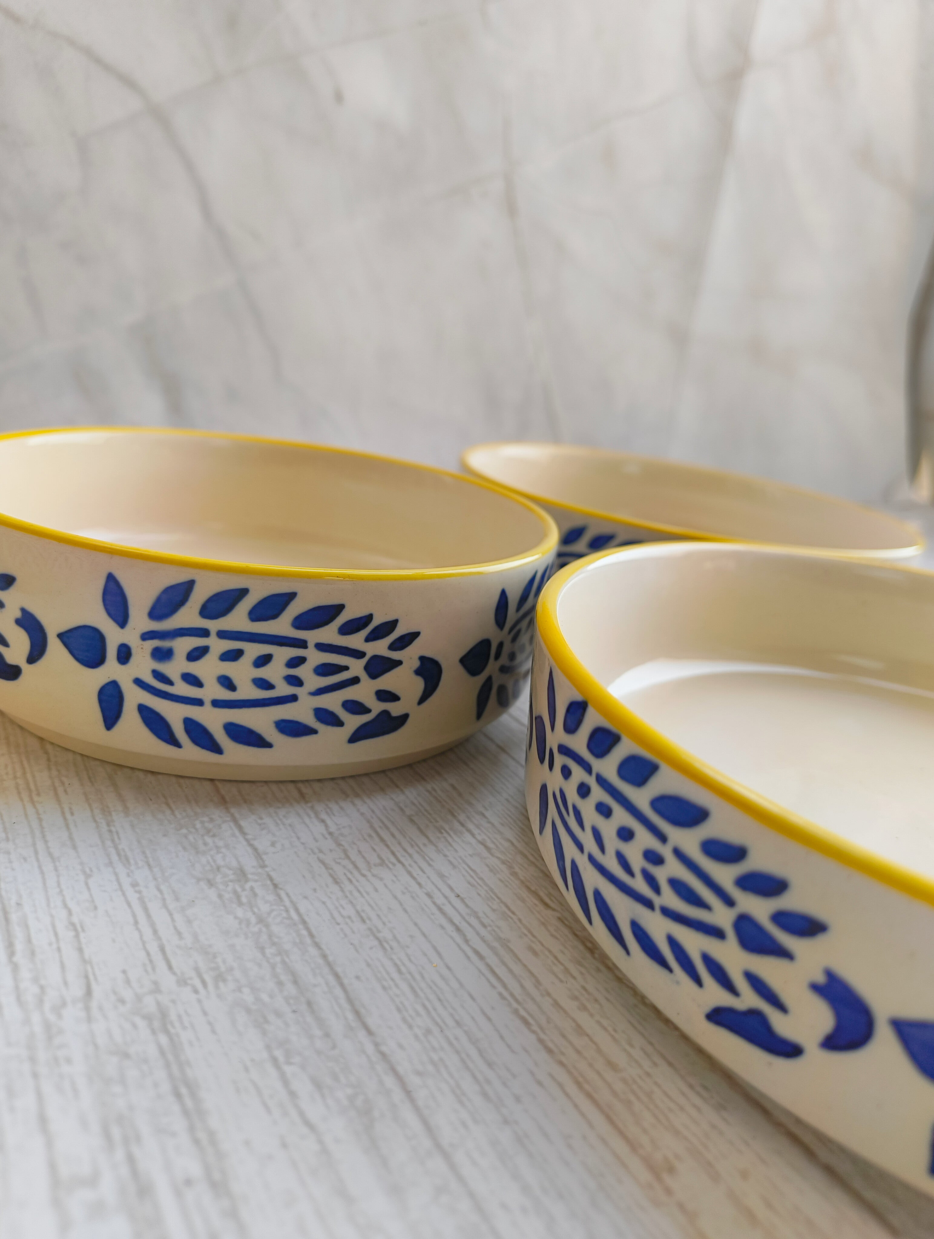 Blue Leaf Handcrafted Ceramic Salad Bowl Set Of 3 With Yellow Rim