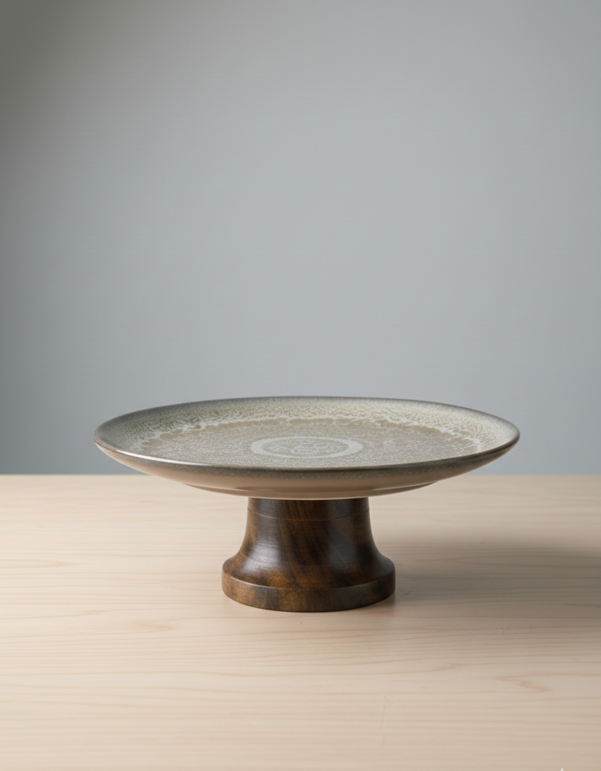 Stoneglaze Ceramic cake Stand with Wooden Base