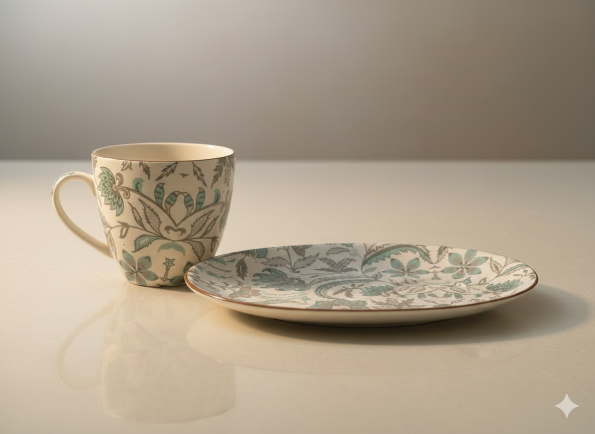 Floral Garden Cup With Oval Snack Plate