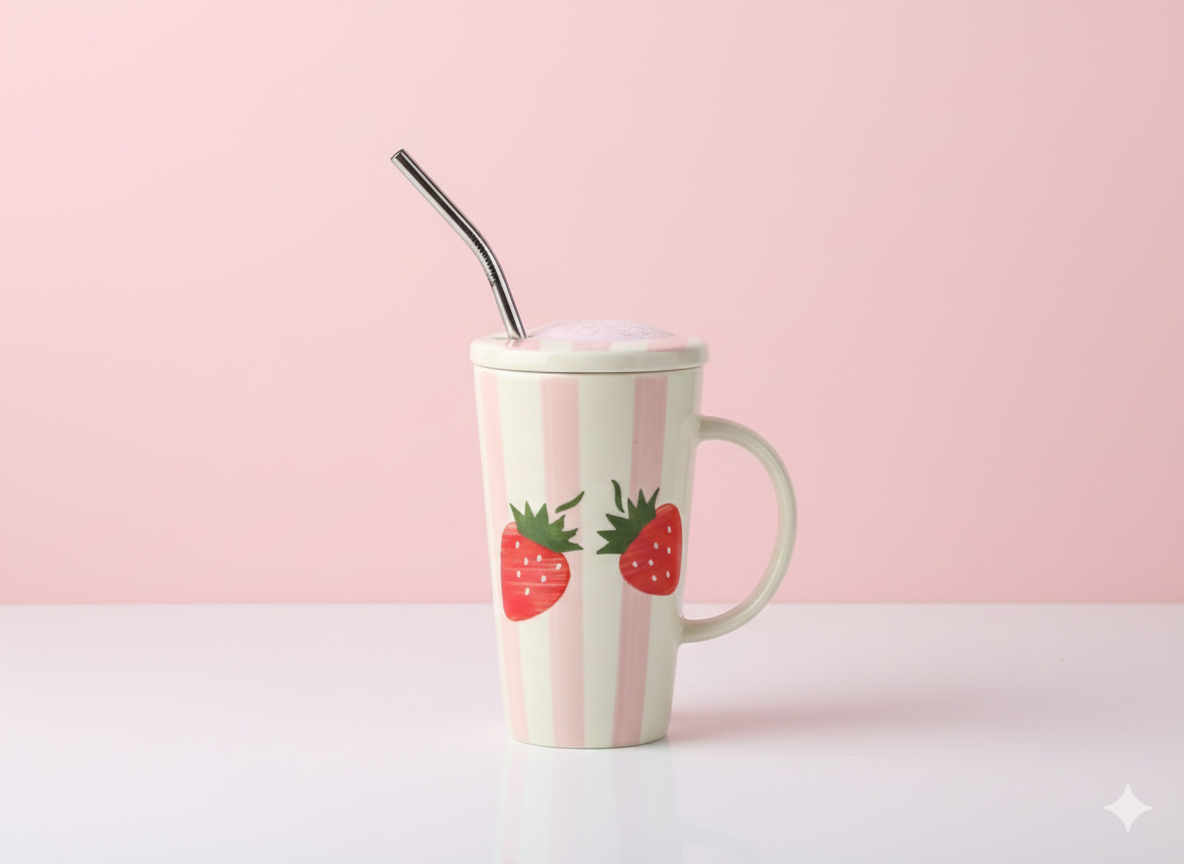 Strawberry Bliss Ceramic Sipper Mug with Lid & Steel Straw