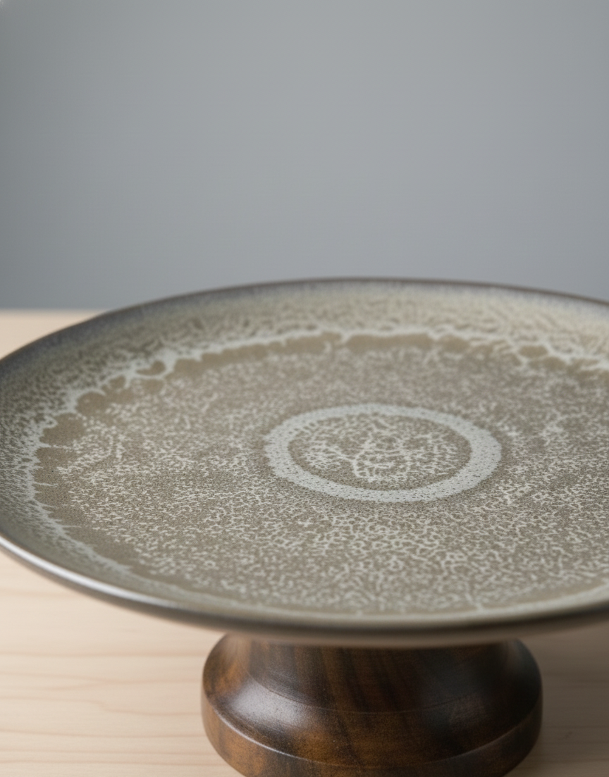 Stoneglaze Ceramic cake Stand with Wooden Base
