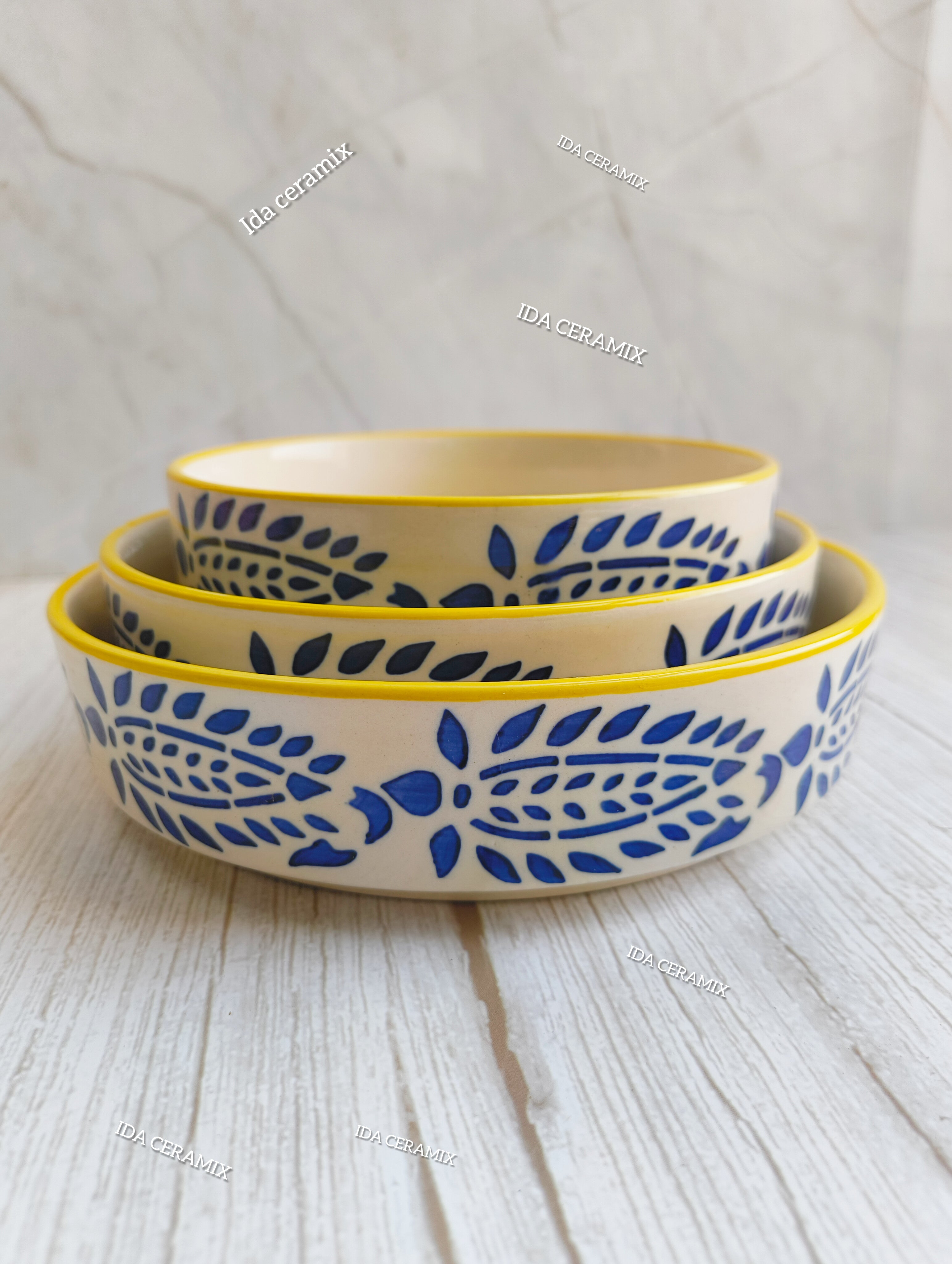 Blue Leaf Handcrafted Ceramic Salad Bowl Set Of 3 With Yellow Rim