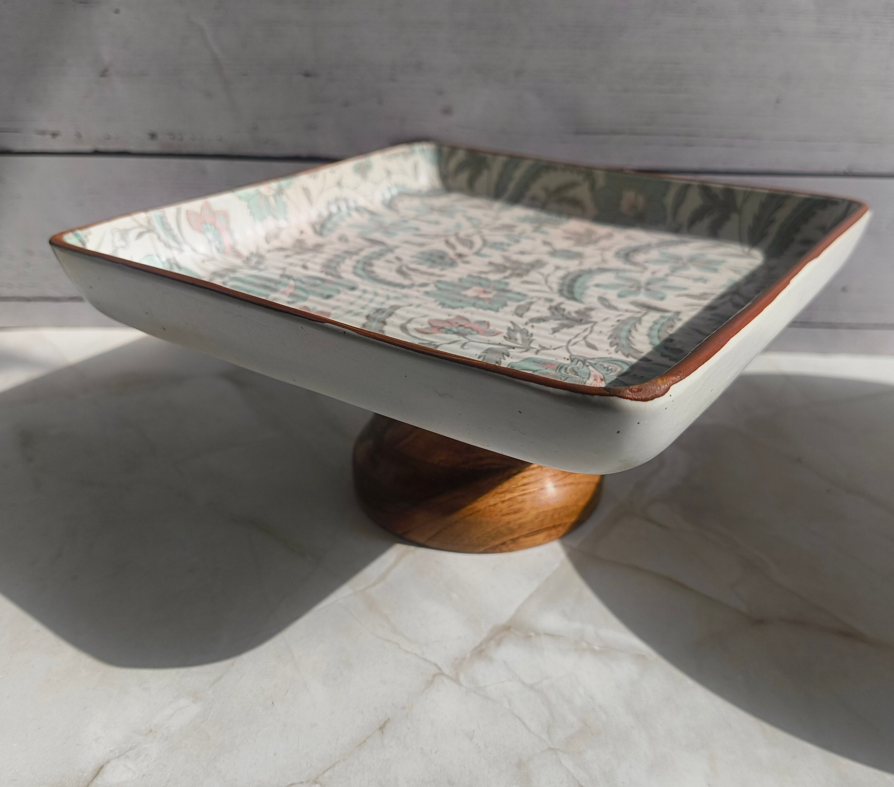 Floral Print Square Cake Stand with Wooden Base